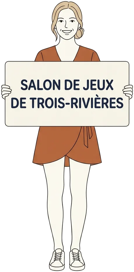 La jeune femme dessinée du guide, chignon blond et robe portefeuille rouille, debout sur la rive sud, tient une pancarte : Salon de jeux de Trois-Rivières